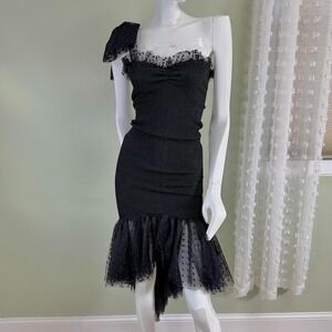 Vintage 80s Mademoiselle "Steppin Out" One-Shoulder Ruffle Dress – Black Mesh Do